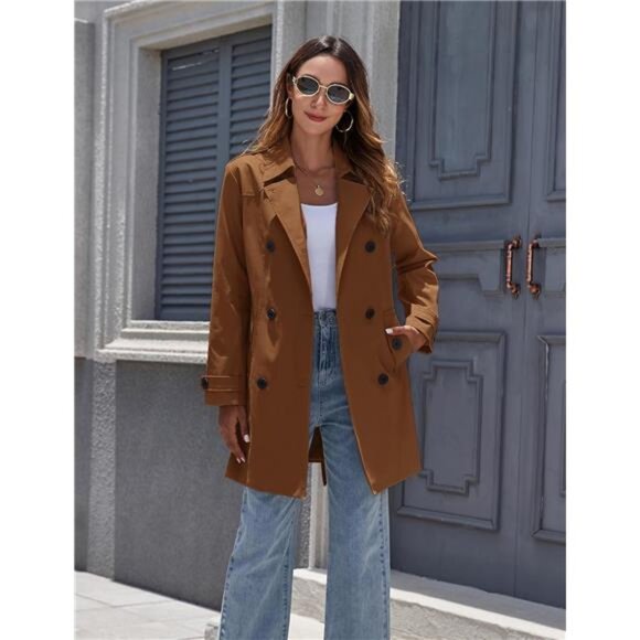 Women's Waterproof Trench Coat Classic Lapel Outerwear Coat with Belt - Picture 3 of 6